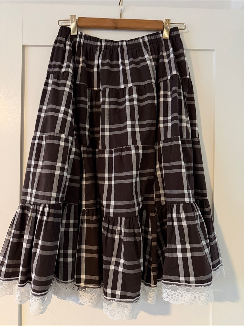 Brown & White Plaid Tiered Midi Skirt with Lace Trim